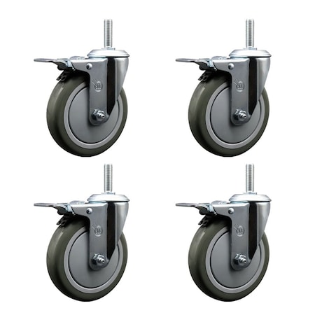 Service Caster 5 Inch Gray Polyurethane Swivel 58 Inch Threaded Stem Caster Set with Total Lock Brake SCC-TSTTL20S514-PPUB-58212-4